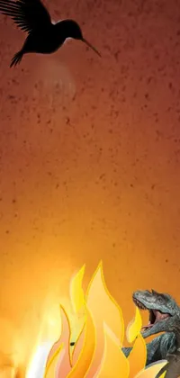 This artistic live wallpaper showcases a brightly colored lizard sitting atop a burning fire with a small bird beside it