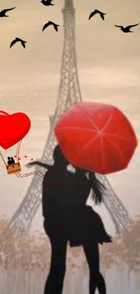 This live wallpaper displays a beautiful painting of a woman holding a red balloon in front of the Eiffel Tower, complete with heart-shaped accents and raindrops for a touch of atmosphere