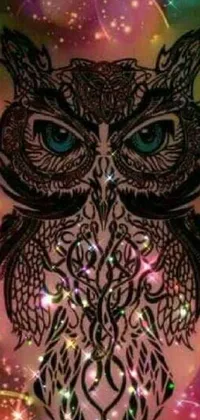 This phone live wallpaper depicts a vibrant owl perched atop a tree branch in a tumblr, psychedelic art style