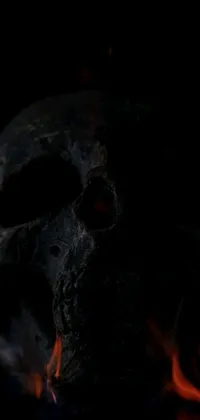 This phone live wallpaper showcases a skull atop a roaring fire in a dark and cinematic setting