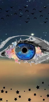 This live wallpaper is a surreal digital art piece with an eye as the central figure, and a ship sailing in the background