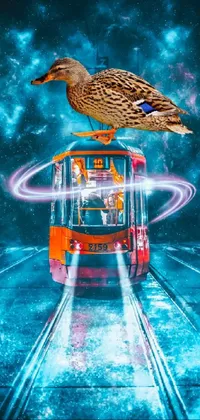 This phone live wallpaper showcases a surreal dreamlike setting with a duck atop a bus
