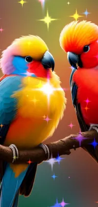This phone live wallpaper portrays two colorful birds resting on a tree branch in a photo-like manner, exhibiting a remarkably genuine impression that beautifies your iPhone screen