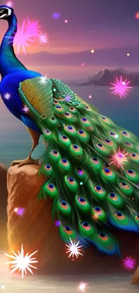 This live wallpaper for your phone showcases a realistic digital image of a beautiful peacock perched on top of a rock beside a calm body of water