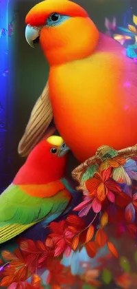 Elevate your phone's wallpaper with this stunning digital art featuring two colorful birds perched on a tree branch