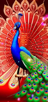 This stunning live wallpaper features a digital rendering of a colorful peacock standing in front of a vibrant red background