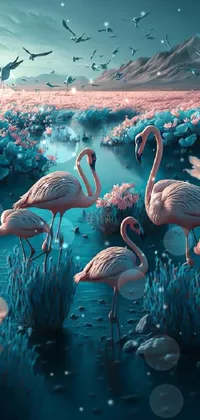 This phone live wallpaper depicts a group of flamingos in a scenic setting