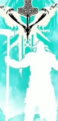 This phone live wallpaper depicts a strong warrior standing on snow displaying his great axe beautifully adorned with teal-neon colored Viking runes