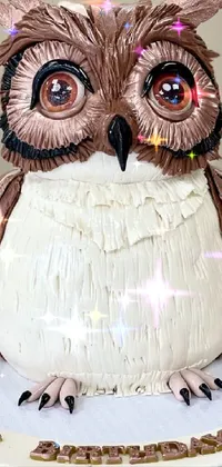 This phone live wallpaper features a realistic and highly detailed depiction of an owl-shaped cake sitting on a plate