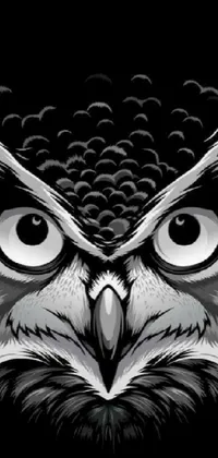 This phone live wallpaper features a mesmerizing black and white vector art of an owl's close-up face