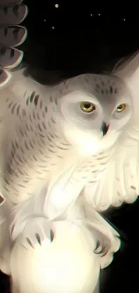 This captivating phone live wallpaper features a majestic white owl with wolf-like traits, soaring through the starry night sky