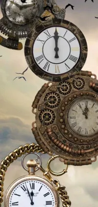 Get the ultimate timepiece with this unique phone live wallpaper featuring flying clocks against a stunning sky backdrop