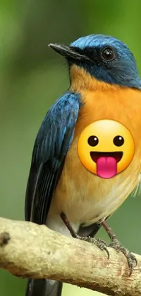 This beautiful live wallpaper features a round, cute face of a blue and yellow bird perched atop a tree branch