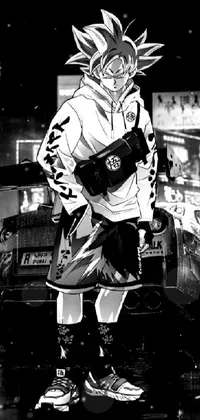 This live, black and white wallpaper for your phone features a cyberpunk anime girl decked out in streetwear and sporting colorful hair