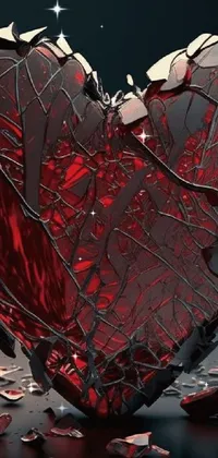 This live phone wallpaper features a heart sitting on a table, with a vivid, broken glass effect and an expression of anger and sadness