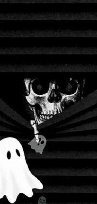 This captivating live phone wallpaper showcases a black and white photo of a skull and ghost against a backdrop of dark draped fabric