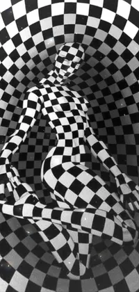This striking phone live wallpaper showcases a black and white checkered pattern with a raytraced image of a curved, full-bodied woman