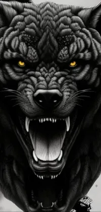 This phone live wallpaper features a stunning 3D rendered black and white digital drawing of a fierce wolf with striking yellow eyes
