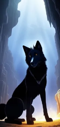 This stunning phone live wallpaper features a concept art of a majestic black wolf sitting in the center of a dark cave