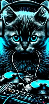 This cat-themed live wallpaper features a colorful vector art design of a feline wearing headphones