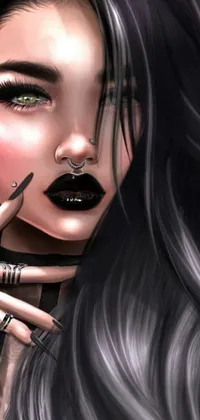 This phone live wallpaper displays a striking digital artwork of a woman with long black hair, numerous piercings, black glossy lips, and nails