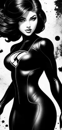 Transform your phone's home screen with this captivating live wallpaper featuring an airbrushed black and white drawing of a woman in a sleek and seductive cat suit