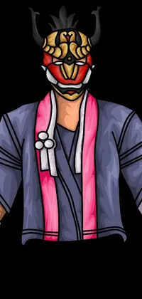 This phone live wallpaper showcases a masked man in pink scarf donning a kimono armor while holding a katana sword in a classic Japanese garden backdrop with cherry blossom trees, Koi fish pond, and small pagoda