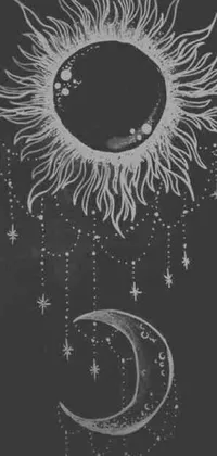 This phone live wallpaper showcases an intricate black and white drawing of a sun and moon, set against a gray background