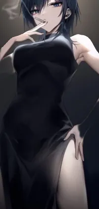 This phone live wallpaper showcases a mysterious and alluring woman in a sleek and stylish black dress