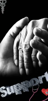 This live wallpaper for your phone showcases a striking black and white photograph of two hands intertwined in a powerful grip