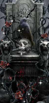 This phone live wallpaper features a gothic-inspired digital art design of a majestic bird perched on a throne surrounded by skulls and roses