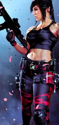 This phone live wallpaper features a striking cyberpunk-inspired scene featuring a confident, muscular woman holding a red airsoft electric pistol