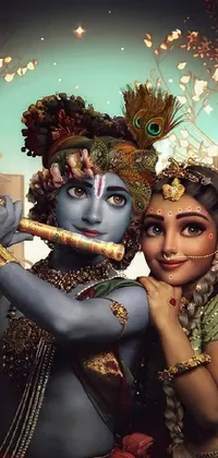 This phone live wallpaper depicts a couple standing amidst a stunning fantasy art image of a Hindu god