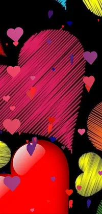 This phone live wallpaper features a colorful array of hearts on a black background, reminiscent of pop art