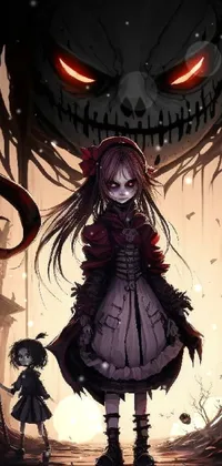 This phone live wallpaper depicts a ghoulish girl standing in a tunnel with a wicked facial expression and a dark aura