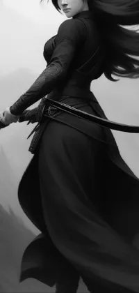 This striking live phone wallpaper showcases a powerful woman in a flowing dress gripping a sword with intensity