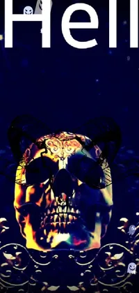 This phone live wallpaper features a captivating digital design of a skull with the word hell on it