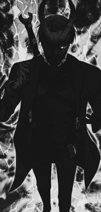 This live phone wallpaper features a digital black and white art design of a mysterious figure in a suit
