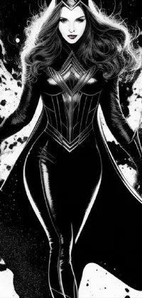 This live wallpaper for your phone features a stunning black and white illustration of a powerful female superhero in an elegant and stylish costume, with a bold pose and a fierce commanding expression