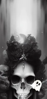 This live wallpaper features an elegant black and white photo of a woman wearing a skull on her head