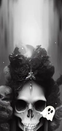 This live wallpaper features an elegant black and white photo of a woman wearing a skull on her head