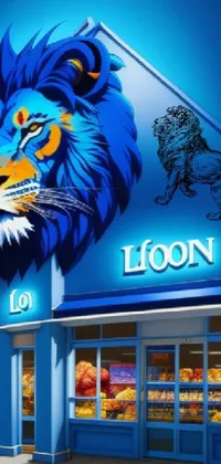 This live phone wallpaper showcases a vibrant and powerful painting of a lion on a store's exterior wall