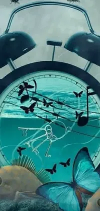 This live wallpaper showcases a surreal clock on a grassy field background, featuring sea butterflies that add to its dreamlike atmosphere