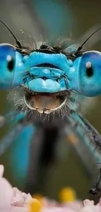 This live wallpaper showcases a blue dragonfly on a pink flower