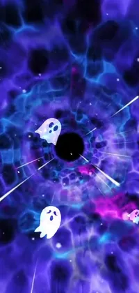 This phone live wallpaper features a group of translucent and ethereal ghosts standing in front of a black hole with twisting, bullet-hell-like rays radiating out from the event horizon