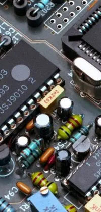 This phone live wallpaper features a detailed and hyperrealistic close-up shot of electronic components on a board