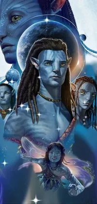 This dynamic phone live wallpaper features a stunning group of blue tiefling avatars in a fantasy-themed poster art style