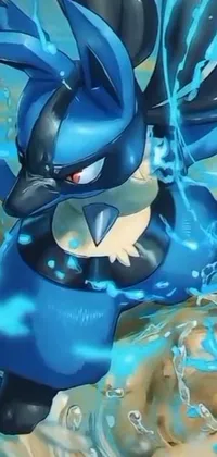 This phone live wallpaper showcases a blue and black pokemon character up close, with sots art-inspired graphics that pop thanks to bold lines and sumptuous coloring