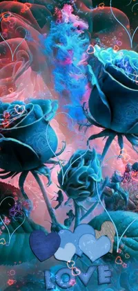 This stunning phone live wallpaper displays a gorgeous digital art of two blue roses set against a nebulous background in vibrant shades of hot pink and cyan