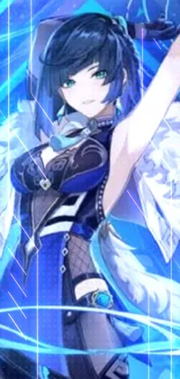 This beautiful phone live wallpaper features a woman wearing a blue dress and holding a sword, standing tall and proud